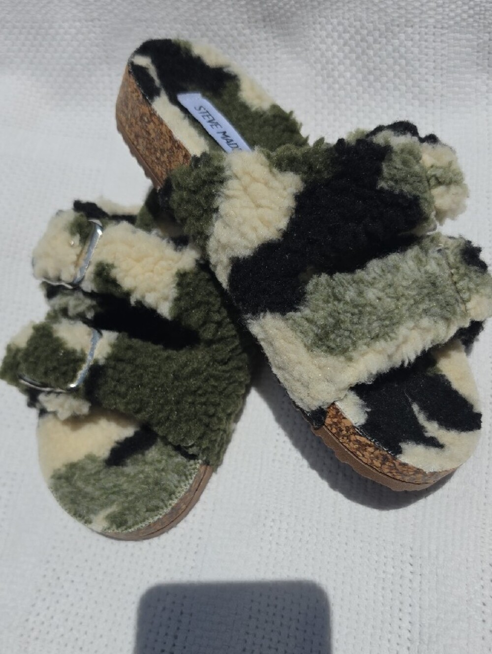 STEVE MADDEN Faux Shearling Camo Slide Sandals